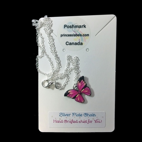 BEAUTIFUL Pink and Blue Butterfly Necklace Silver Plate Chain - Picture 2 of 5